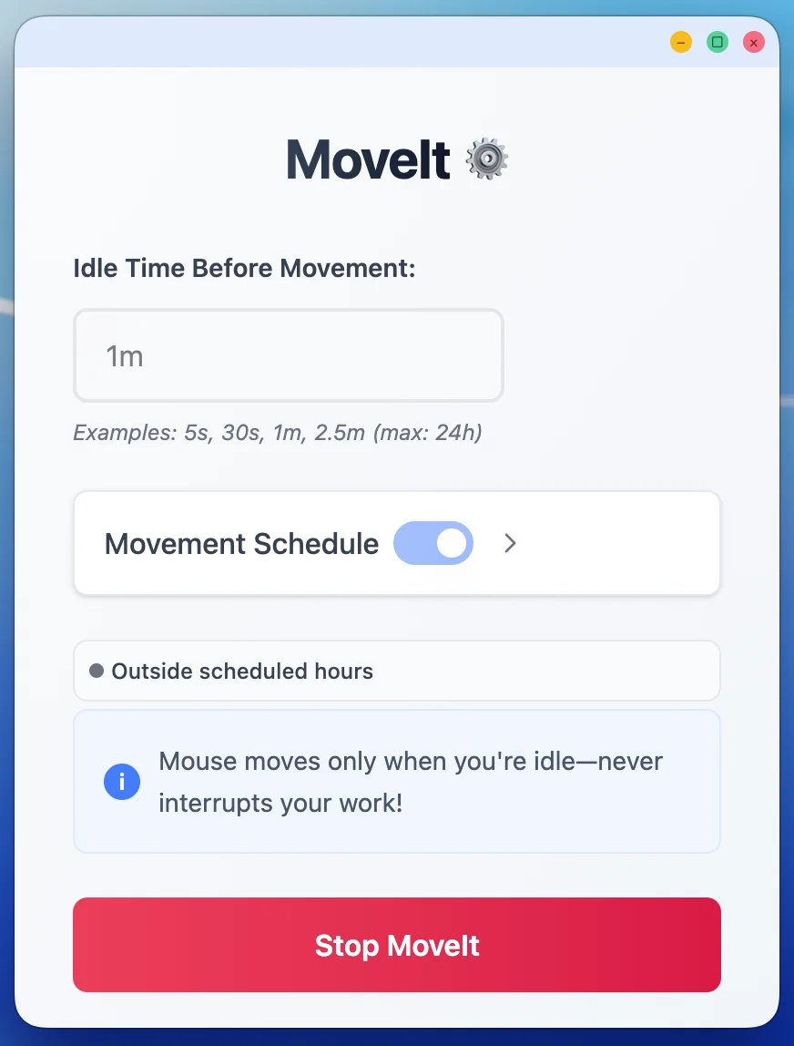 Real-time status indicator showing when MoveIt is actively monitoring your schedule