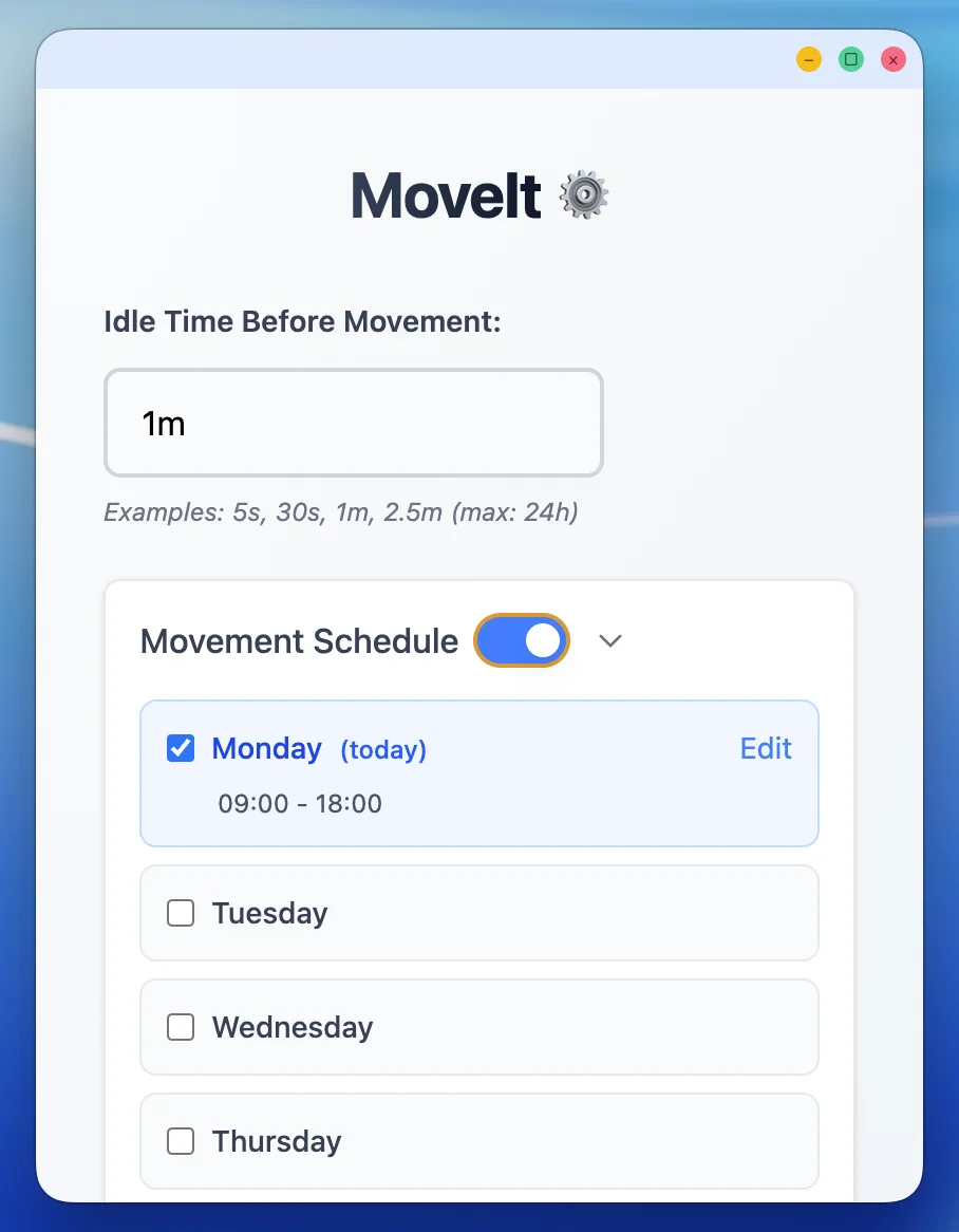 Schedule settings interface showing customizable work hours for each day of the week